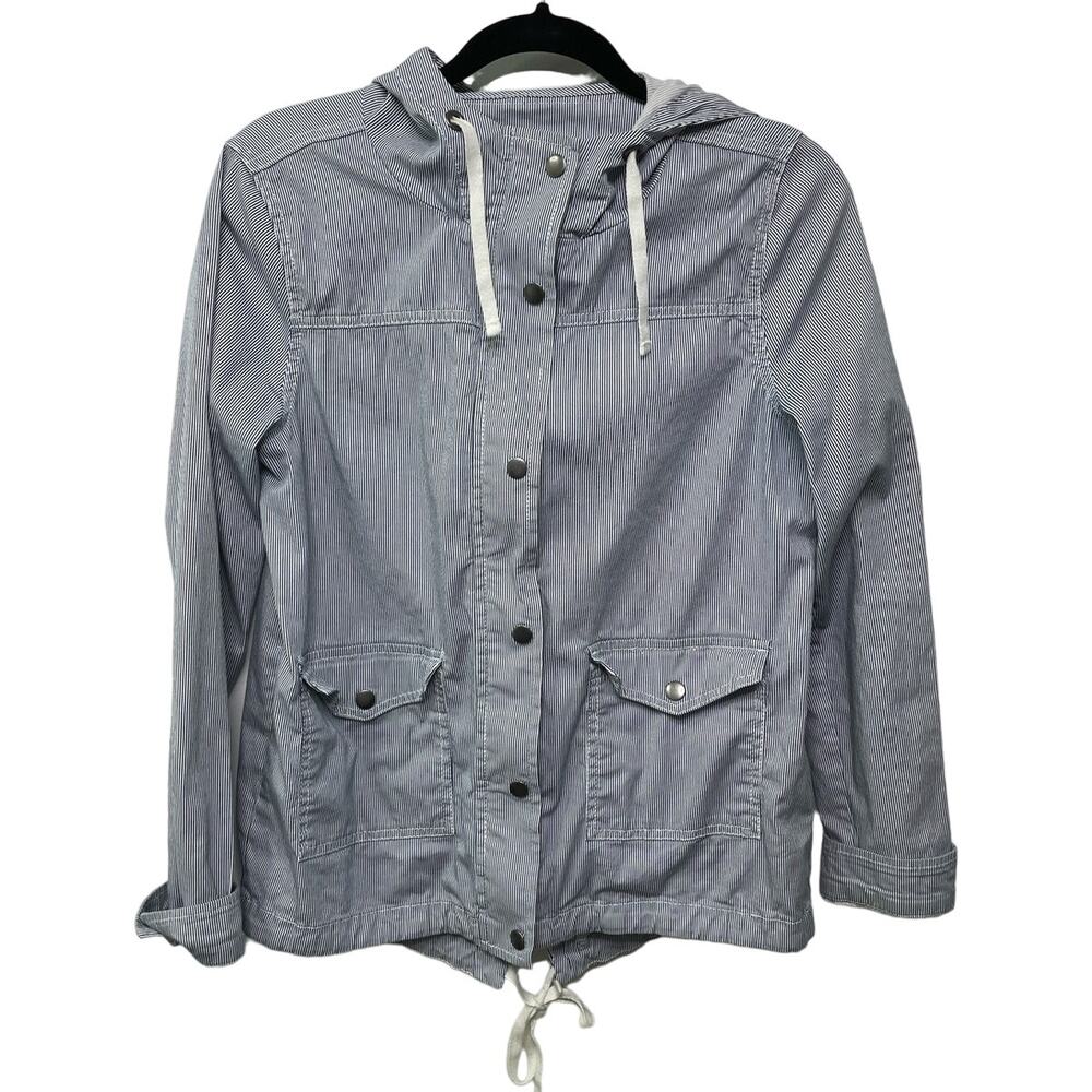 So Pinstriped Long Sleeve Snap Button Field Hooded Jacket Blue/White Women's M